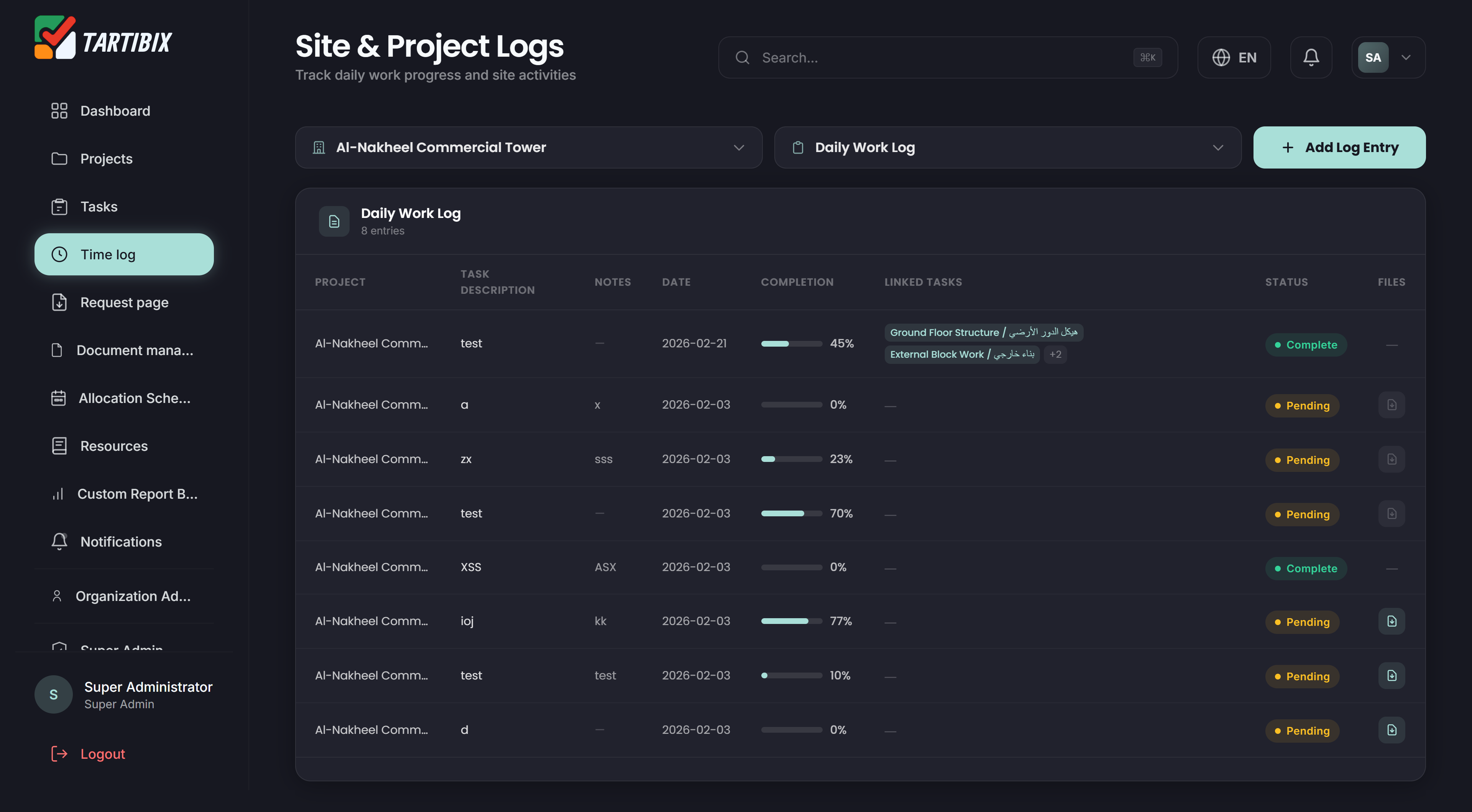 Construction resource console - Time Log